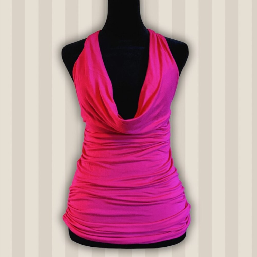 Second Hand SWS Y2K pink low-neck  top with silver hoop details. Size: S